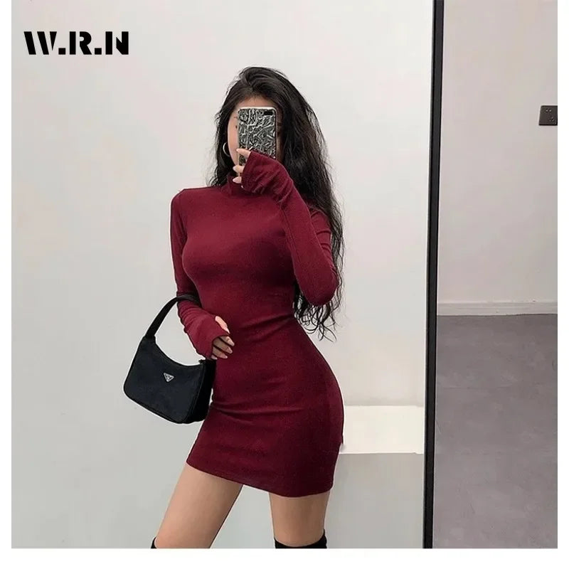 2024 Spring Fall Korean Style Slim Turtleneck Cropped Dress Fashion Long Sleeve Knit Dress